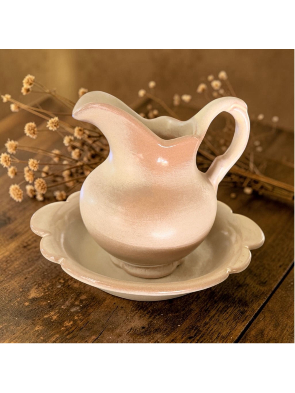 Frankoma 30B Creamer w/ Underplate Tan Satin Glaze Mid Century Pottery Set
